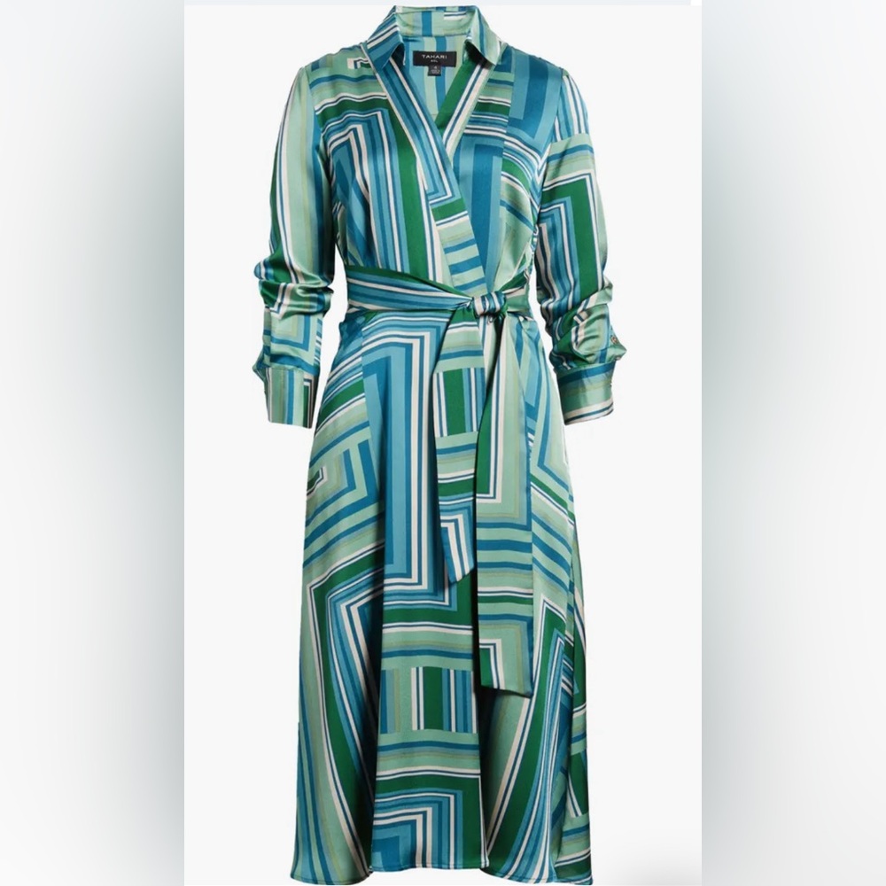 Tahari ASL Abstract Print Long Sleeve Satin Midi Dress size 8, NWT - Picture 7 of 15